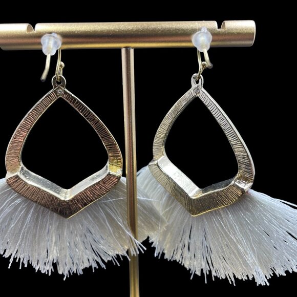 Gold Fringe Fan Tassel Earrings Festival Boho Statement Whimsical Vacation Chic - Picture 5 of 5